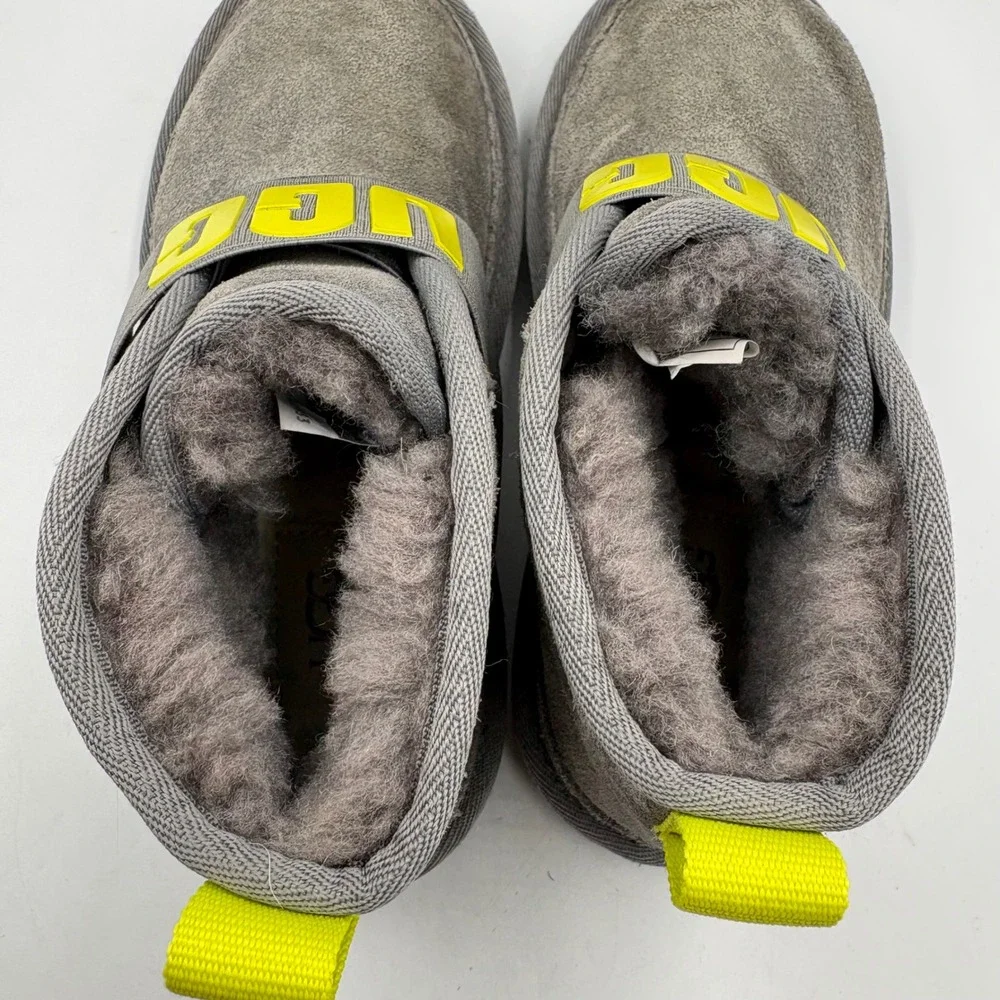 UGG Neumel Logo Kids Size 1 Grey Neon Yellow Good Suede Elastic Strap Boots